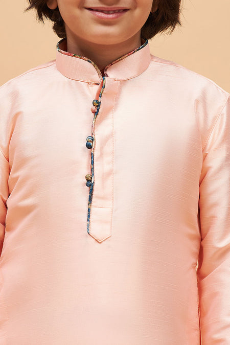VASTRAMAY Peach Silk Kurta And Pyjama Baap Beta Set